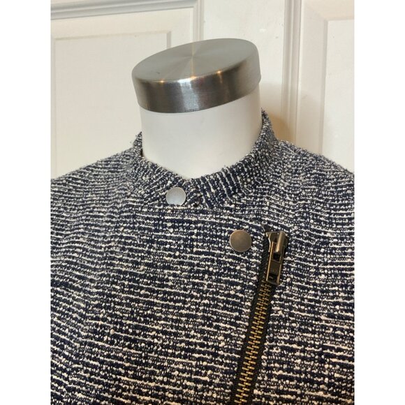 Theory Black & White Tweed Zip-Up Moto Jacket Lamb Leather Sleeves, Size 6 - Picture 4 of 12